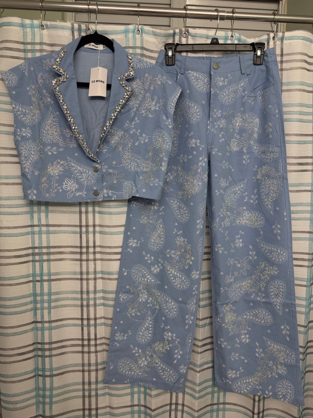 Ce More Blue Embellished Paisley Straight-Leg Pants